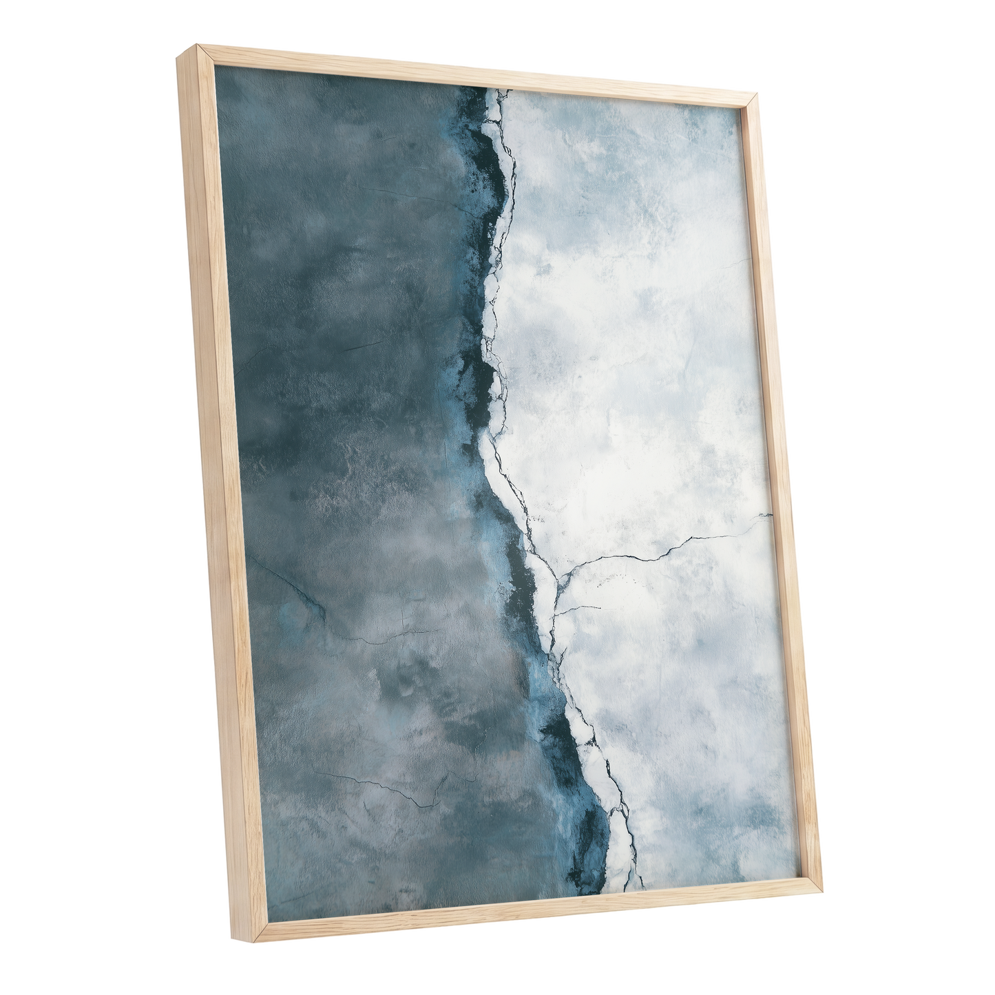 Tidal Divide, blue, white, gray abstract wall art shown as a oak framed poster wall art print