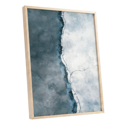 Tidal Divide, blue, white, gray abstract wall art shown as a oak framed poster wall art print