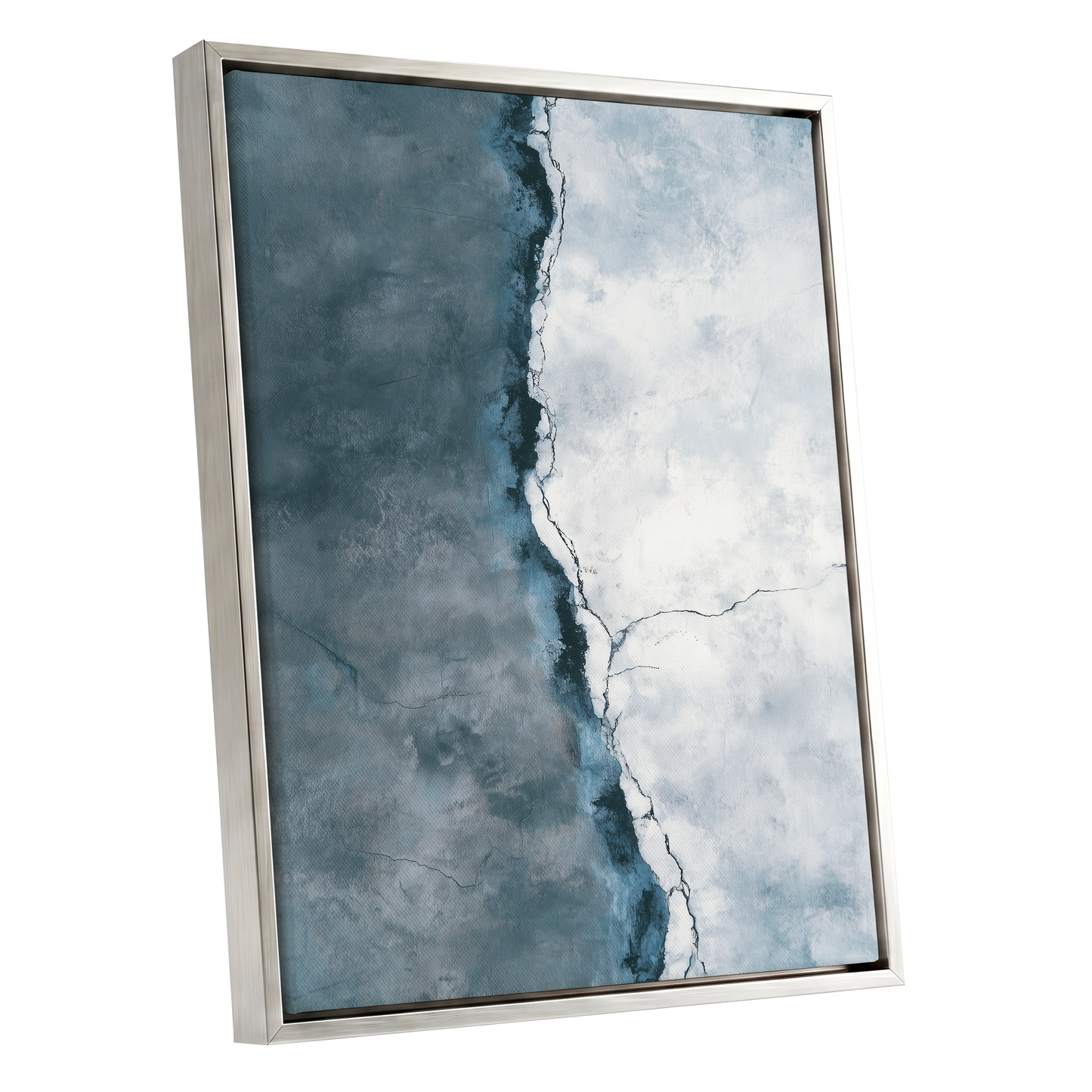 Tidal Divide, blue, white, gray abstract wall art shown as a silver framed canvas wall art