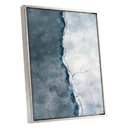 Tidal Divide, blue, white, gray abstract wall art shown as a silver framed canvas wall art