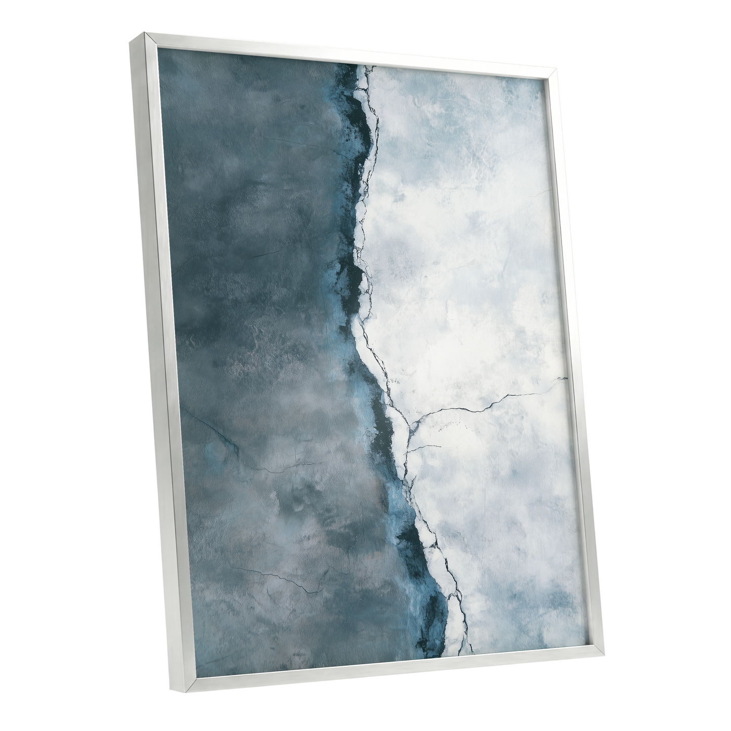 Tidal Divide, blue, white, gray abstract wall art shown as a silver framed poster wall art print