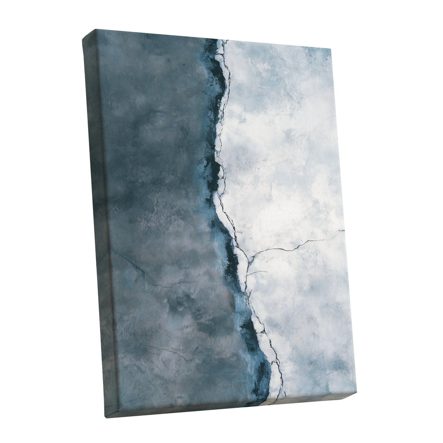 Tidal Divide, blue, white, gray abstract wall art shown as a stretched canvas wall art