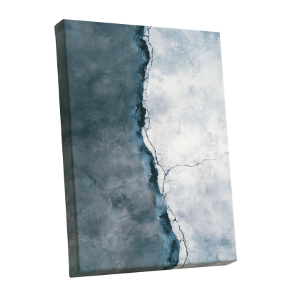 Tidal Divide, blue, white, gray abstract wall art shown as a stretched canvas wall art