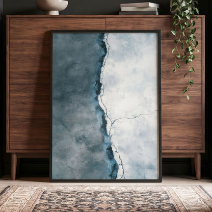 Tidal Divide, blue, white, gray abstract wall art displayed in a styled interior, gallery view 2