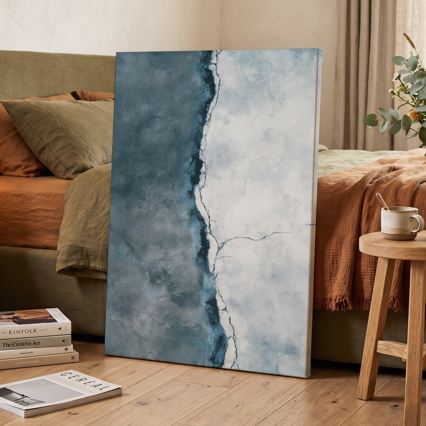 Tidal Divide, blue, white, gray abstract wall art displayed in a styled interior, gallery view 3