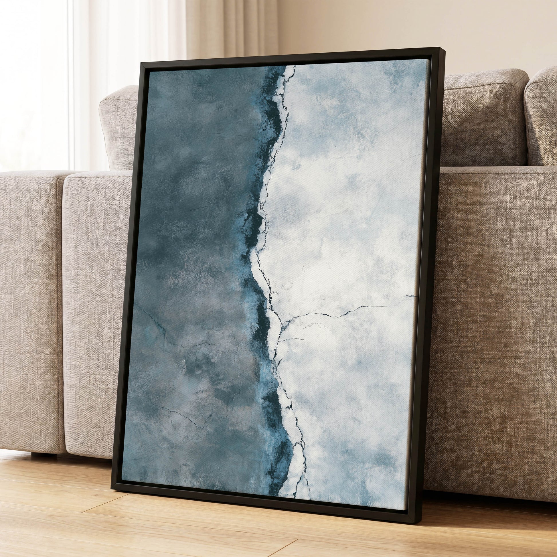 Tidal Divide, blue, white, gray abstract wall art displayed in a styled interior, gallery view 4