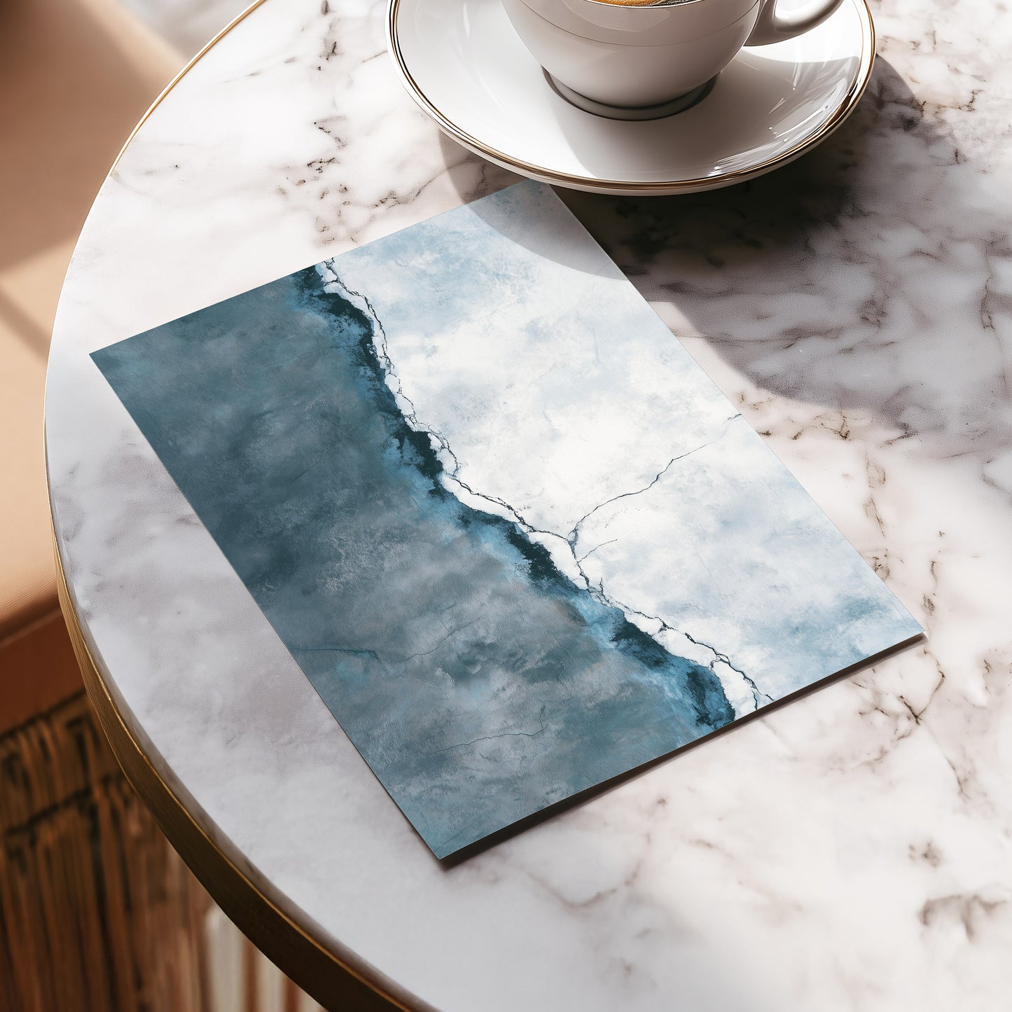 Tidal Divide, blue, white, gray abstract wall art displayed in a styled interior, gallery view 5