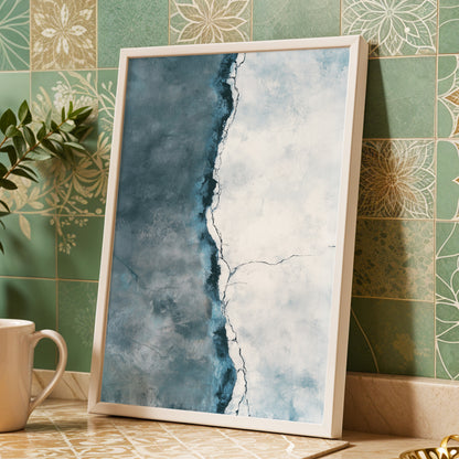 Tidal Divide, blue, white, gray abstract wall art displayed in a styled interior, gallery view 6