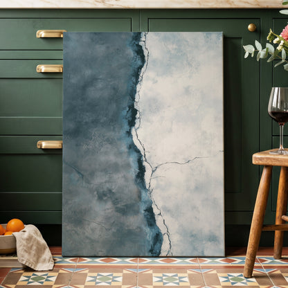 Tidal Divide, blue, white, gray abstract wall art displayed in a styled interior, gallery view 7