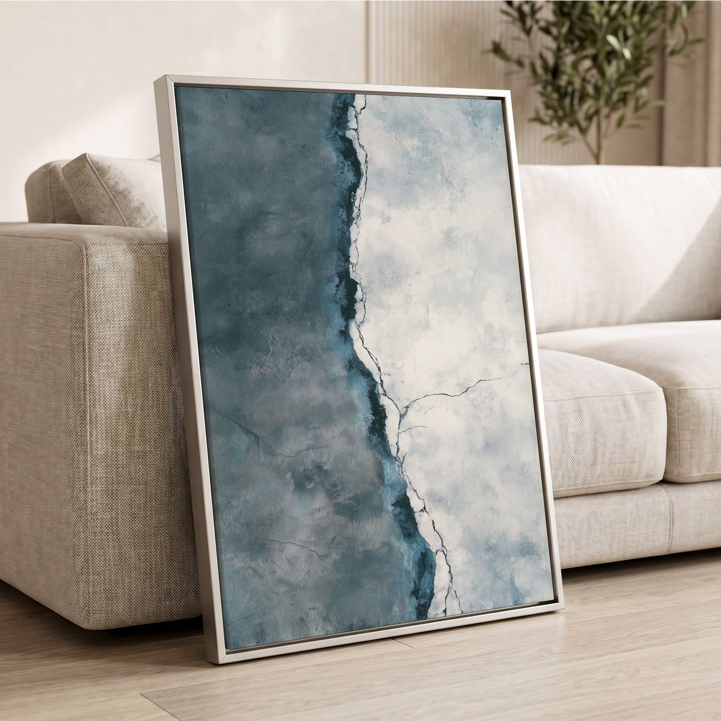 Tidal Divide, blue, white, gray abstract wall art displayed in a styled interior, gallery view 8