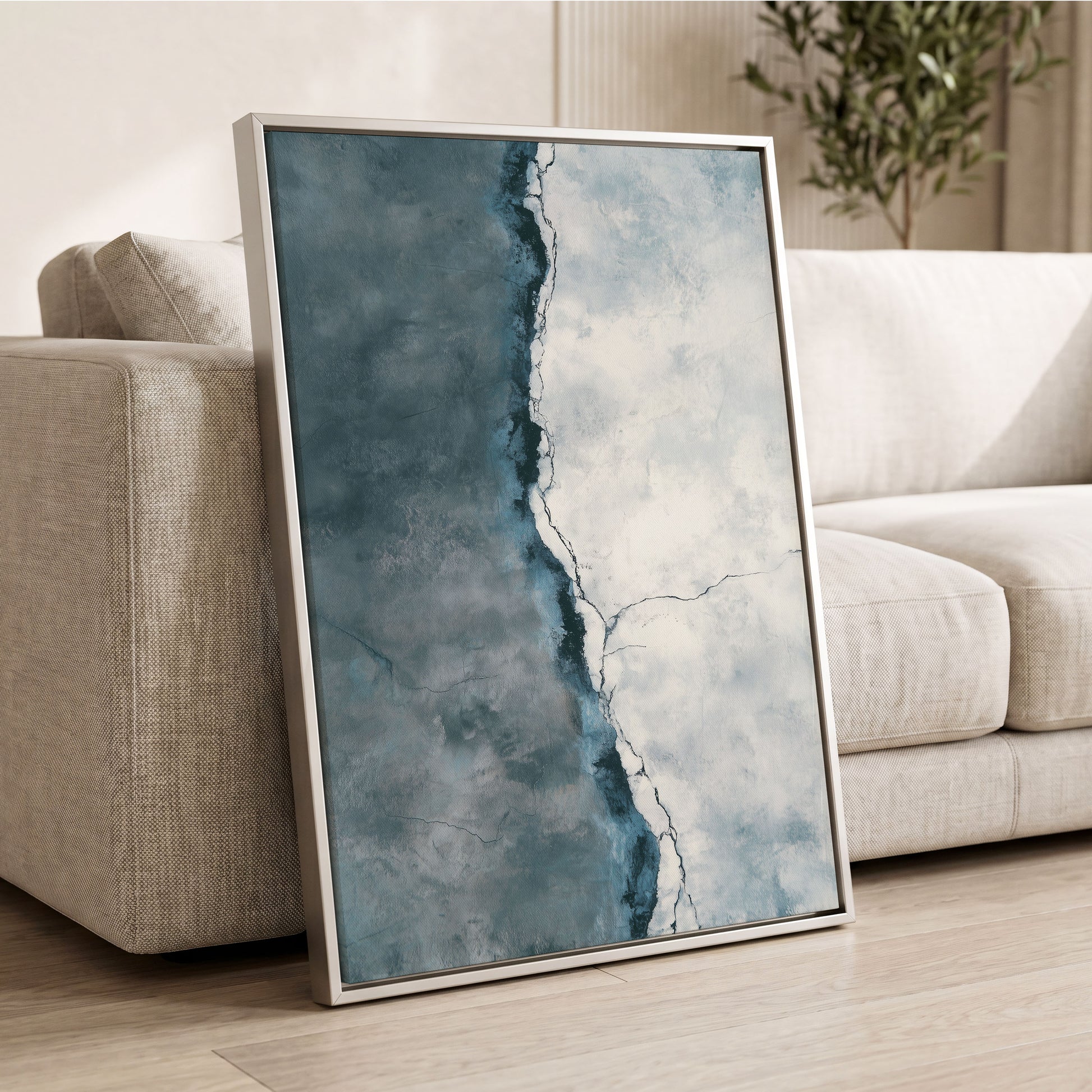 Tidal Divide, blue, white, gray abstract wall art displayed in a styled interior, gallery view 8
