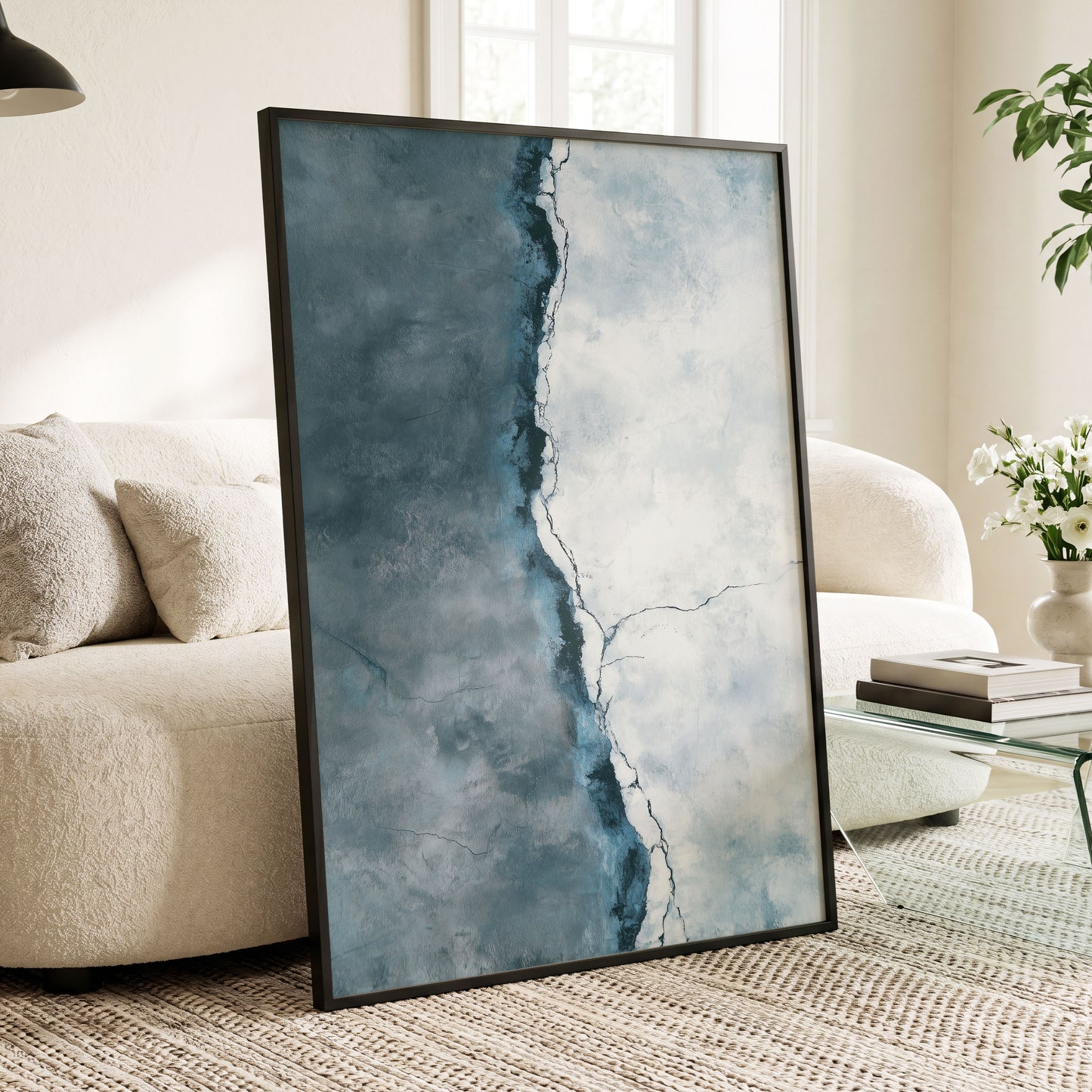 Tidal Divide, blue, white, gray abstract wall art displayed in a styled interior, gallery view 9