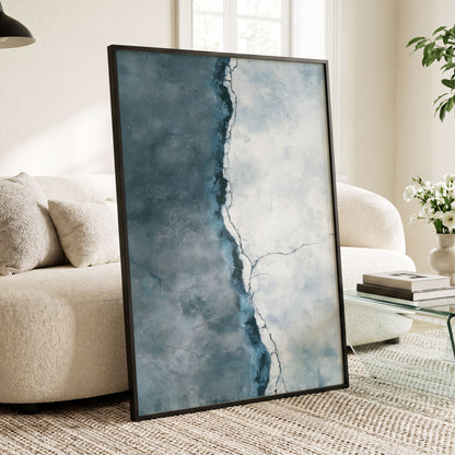 Tidal Divide, blue, white, gray abstract wall art displayed in a styled interior, gallery view 9