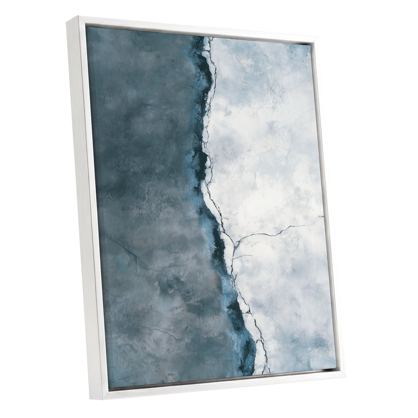 Tidal Divide, blue, white, gray abstract wall art shown as a white framed canvas wall art