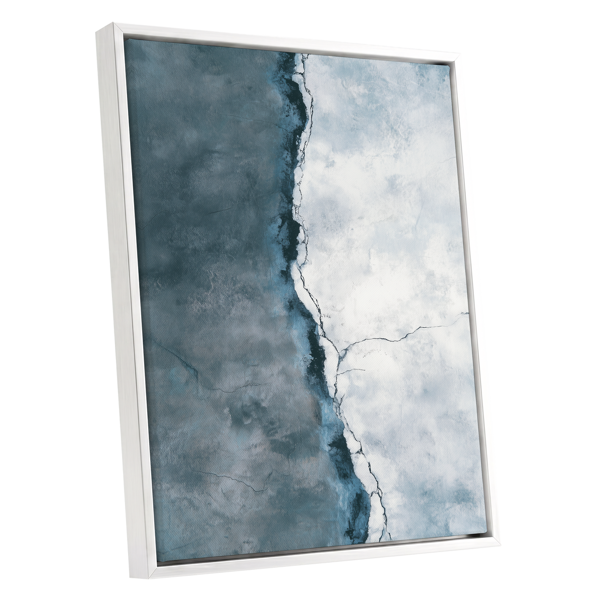 Tidal Divide, blue, white, gray abstract wall art shown as a white framed canvas wall art