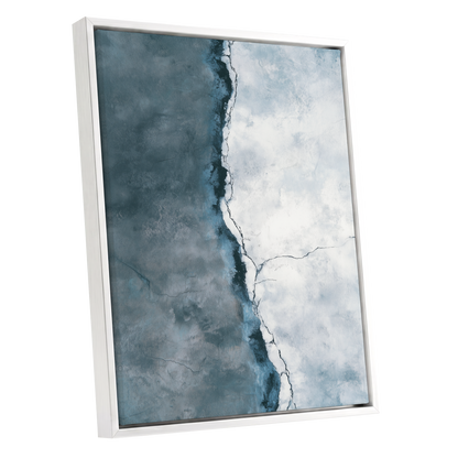 Tidal Divide, blue, white, gray abstract wall art shown as a white framed canvas wall art