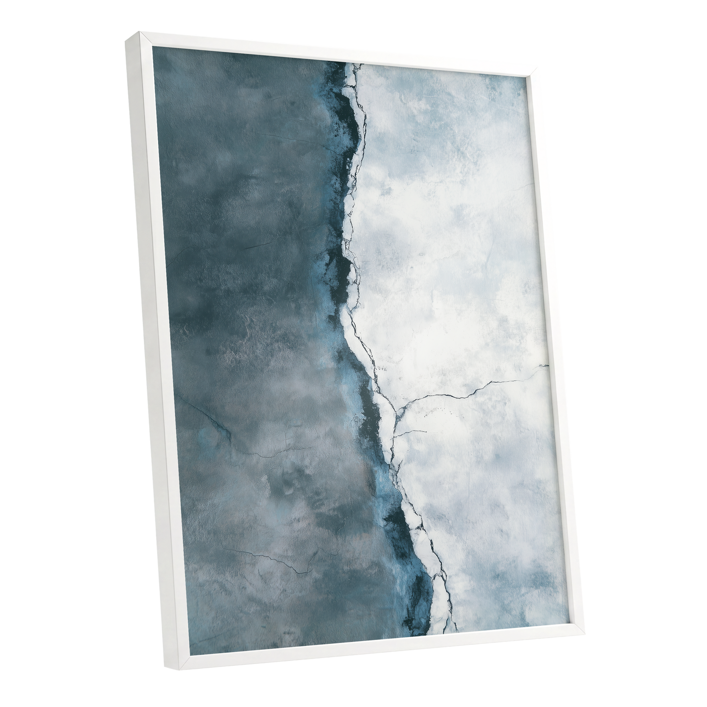 Tidal Divide, blue, white, gray abstract wall art shown as a white framed poster wall art print