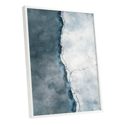 Tidal Divide, blue, white, gray abstract wall art shown as a white framed poster wall art print