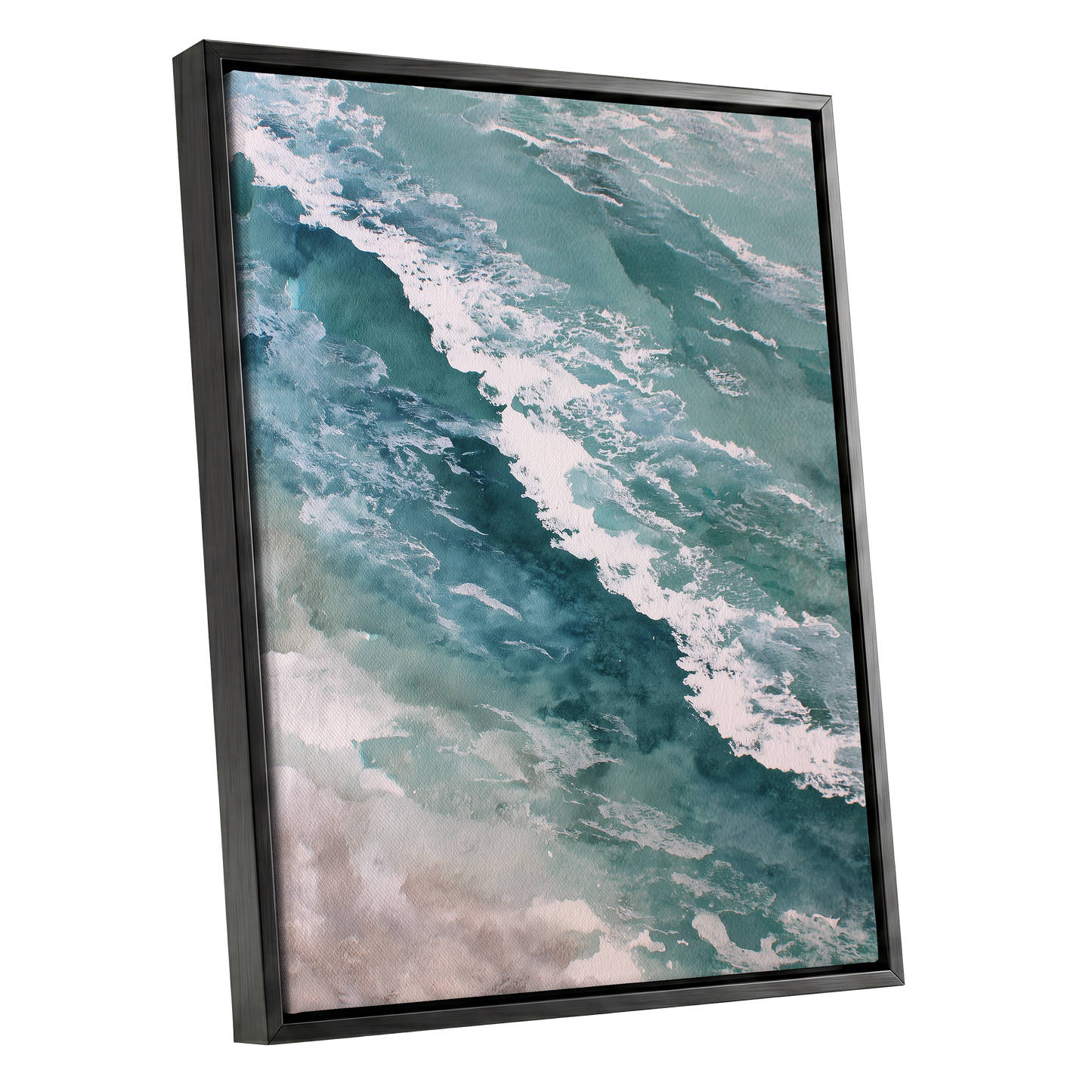 Tidal Drift, blue, green, white nature wall art shown as a black framed canvas wall art