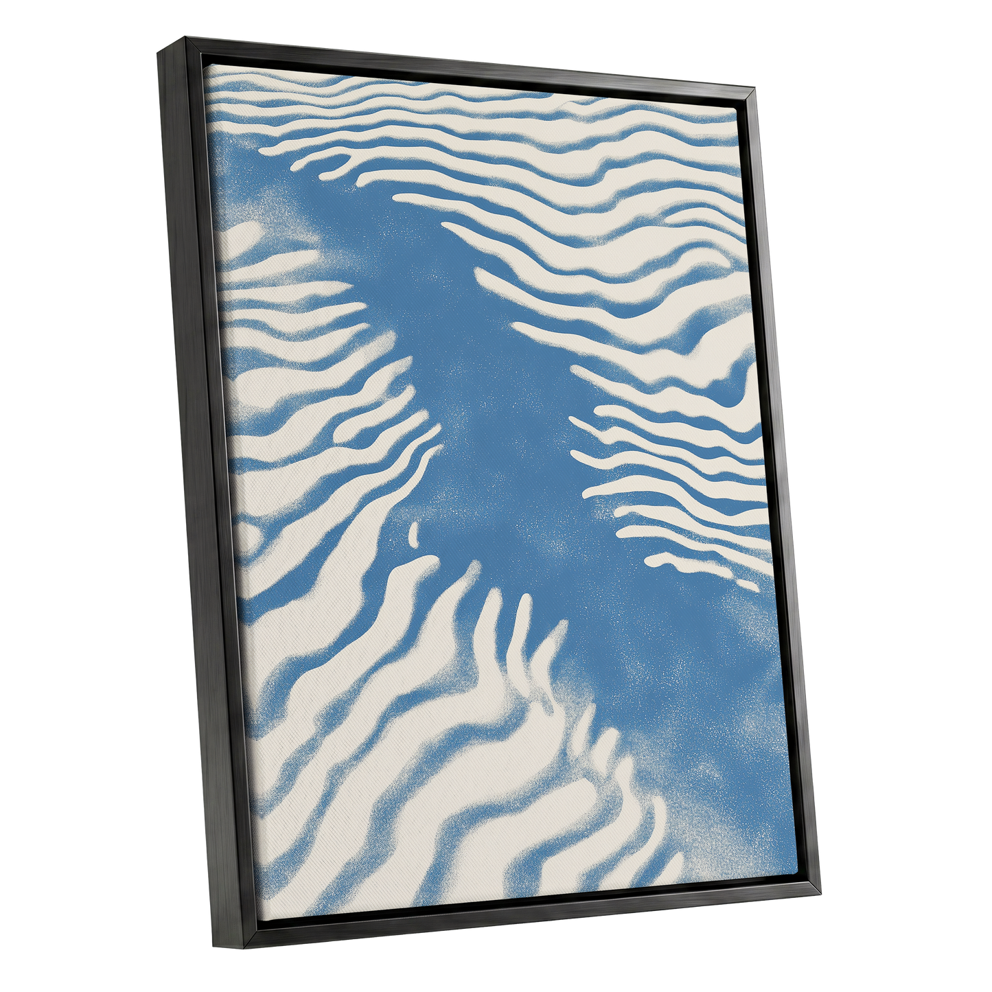Tidal Drift, blue, beige, white nature wall art shown as a black framed canvas wall art