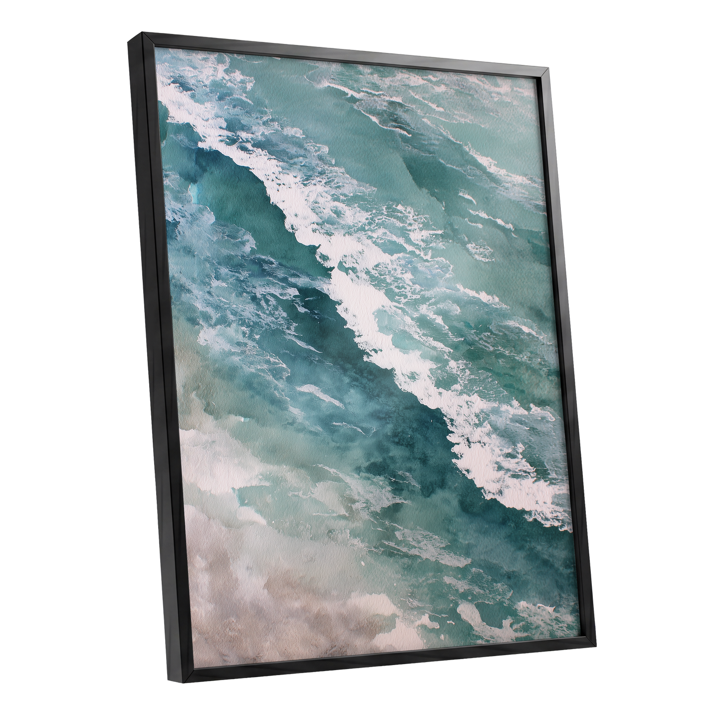 Tidal Drift, blue, green, white nature wall art shown as a black framed poster wall art print