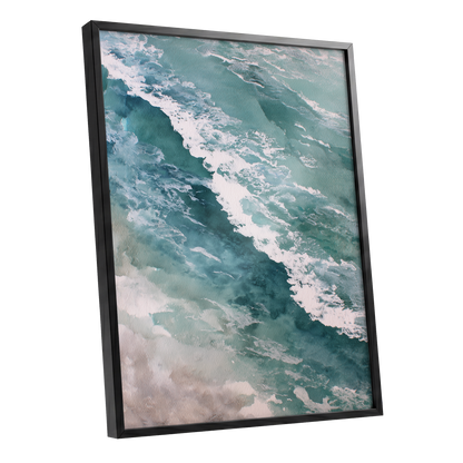 Tidal Drift, blue, green, white nature wall art shown as a black framed poster wall art print