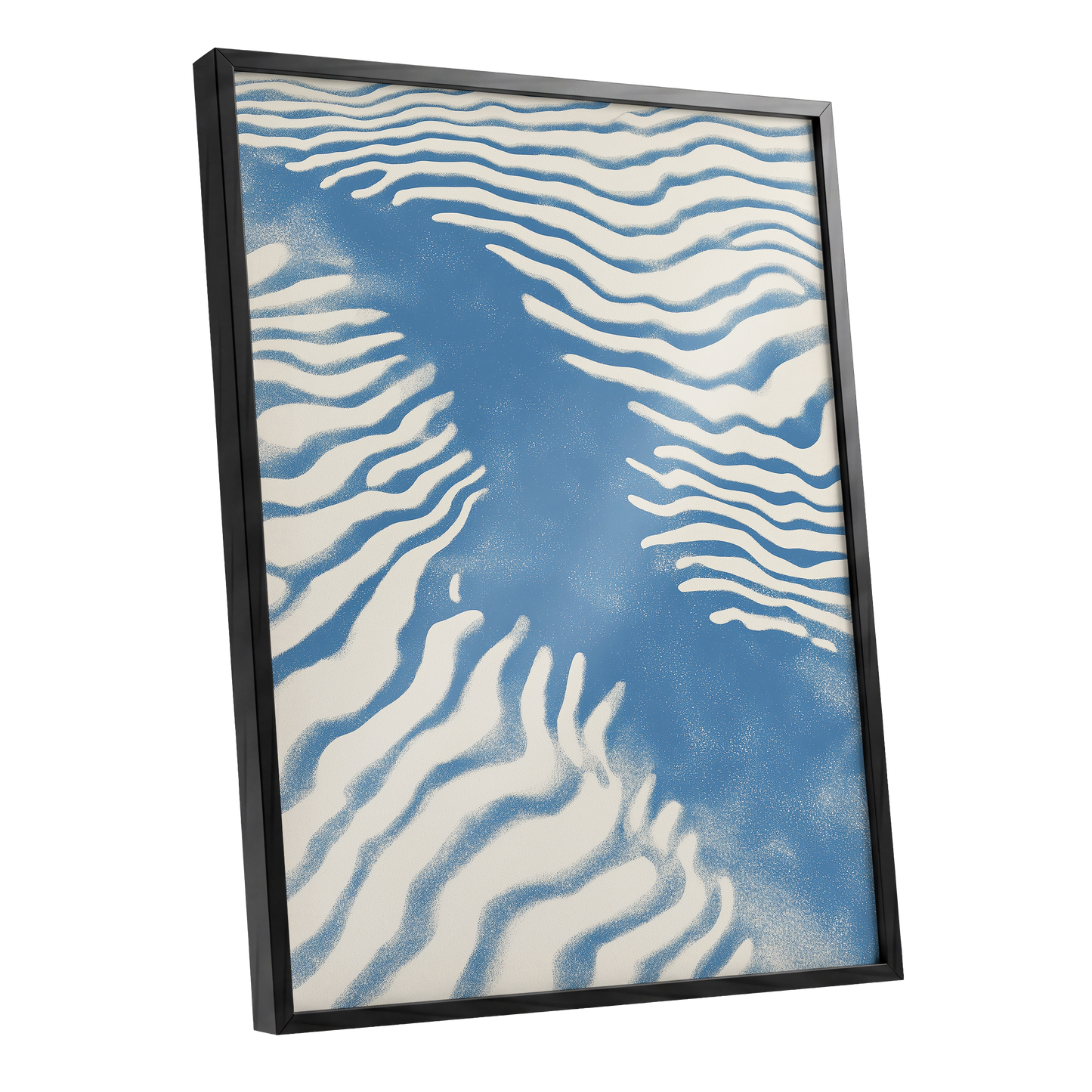 Tidal Drift, blue, beige, white nature wall art shown as a black framed poster wall art print