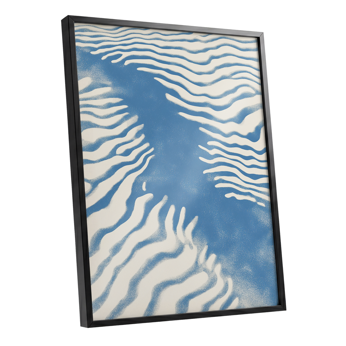 Tidal Drift, blue, beige, white nature wall art shown as a black framed poster wall art print