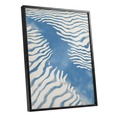Tidal Drift, blue, beige, white nature wall art shown as a black framed poster wall art print