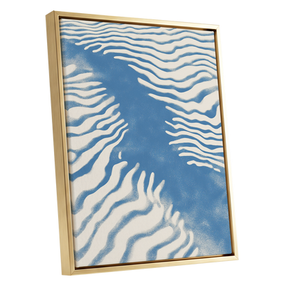 Tidal Drift, blue, beige, white nature wall art shown as a gold framed canvas wall art