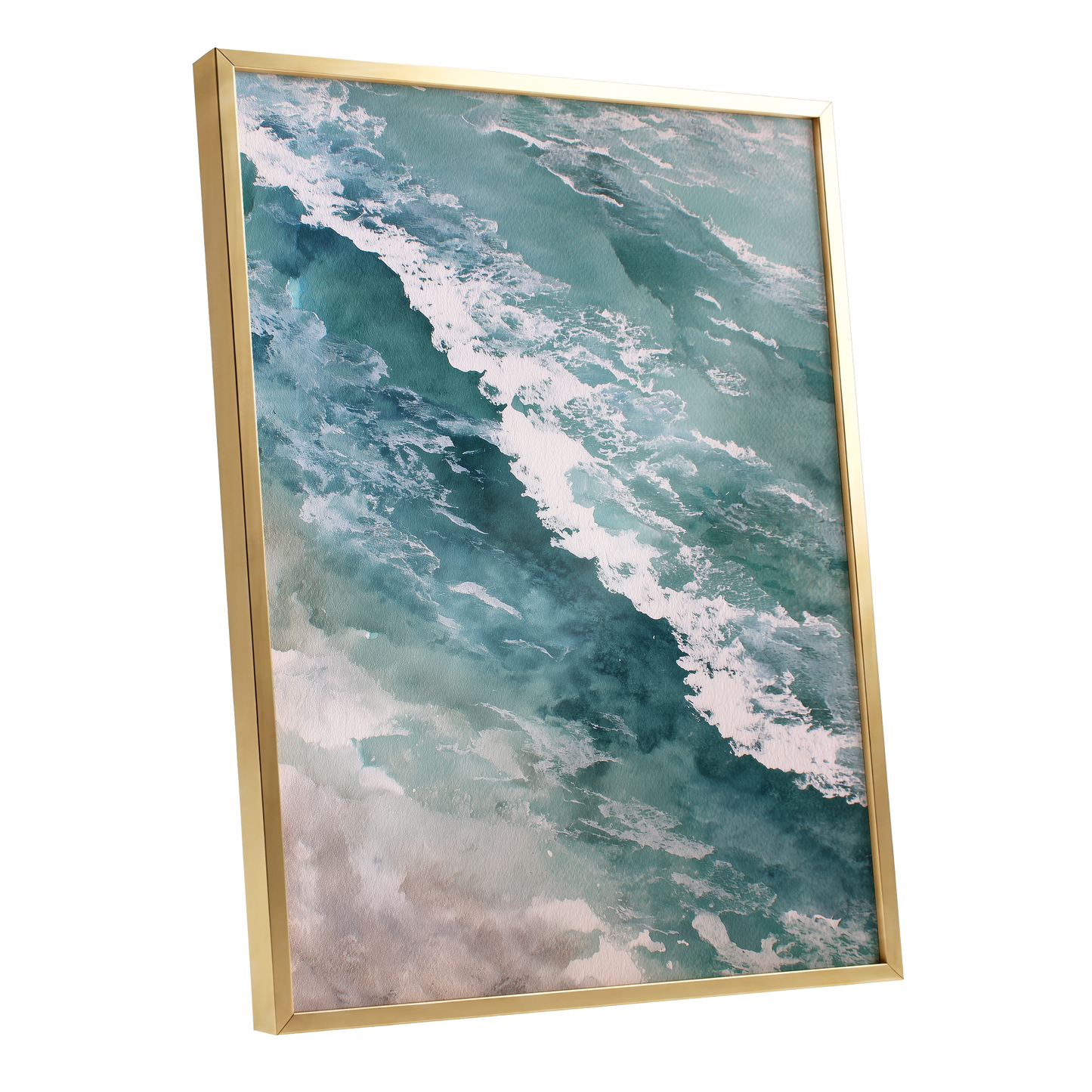 Tidal Drift, blue, green, white nature wall art shown as a gold framed poster wall art print