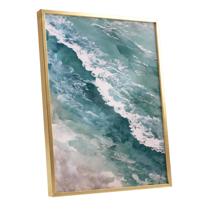 Tidal Drift, blue, green, white nature wall art shown as a gold framed poster wall art print