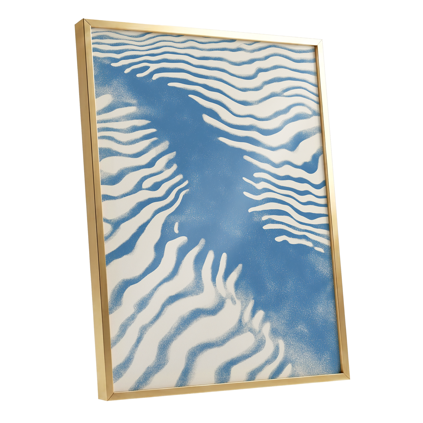 Tidal Drift, blue, beige, white nature wall art shown as a gold framed poster wall art print