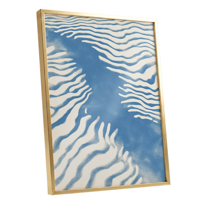 Tidal Drift, blue, beige, white nature wall art shown as a gold framed poster wall art print
