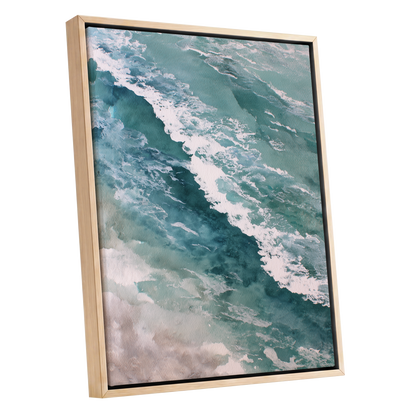 Tidal Drift, blue, green, white nature wall art shown as a oak framed canvas wall art