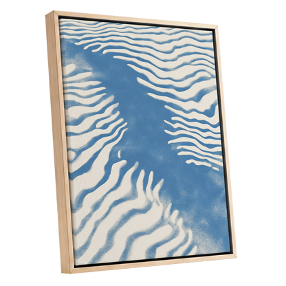 Tidal Drift, blue, beige, white nature wall art shown as a oak framed canvas wall art