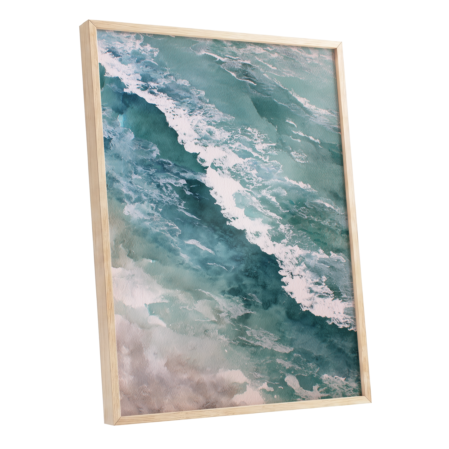 Tidal Drift, blue, green, white nature wall art shown as a oak framed poster wall art print