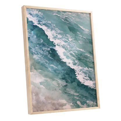 Tidal Drift, blue, green, white nature wall art shown as a oak framed poster wall art print