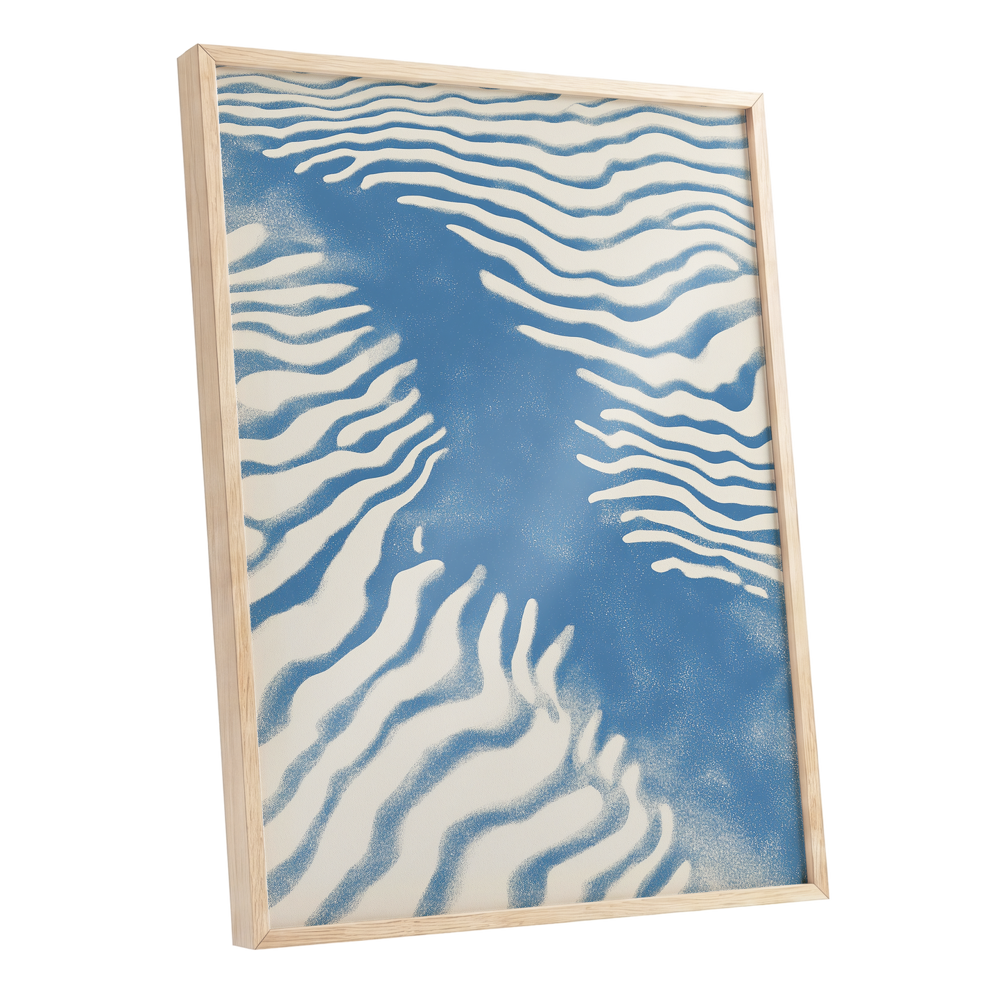Tidal Drift, blue, beige, white nature wall art shown as a oak framed poster wall art print