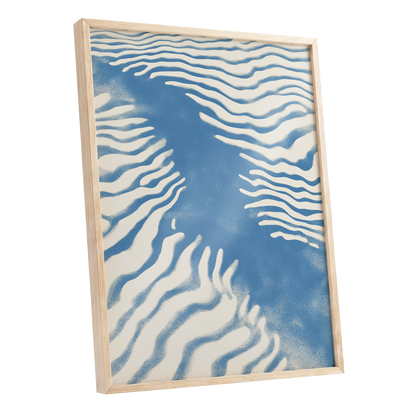 Tidal Drift, blue, beige, white nature wall art shown as a oak framed poster wall art print