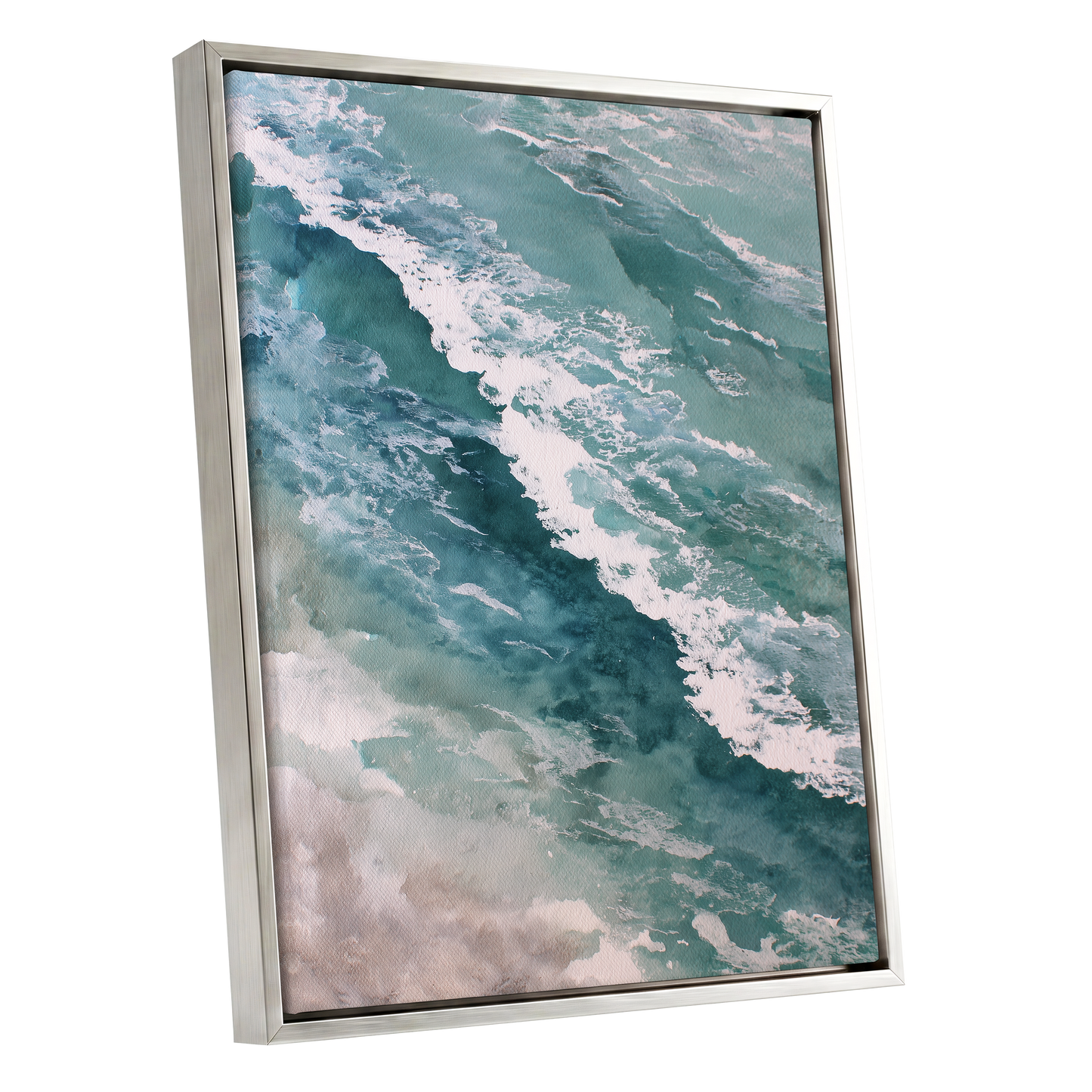 Tidal Drift, blue, green, white nature wall art shown as a silver framed canvas wall art