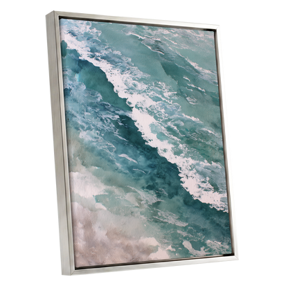 Tidal Drift, blue, green, white nature wall art shown as a silver framed canvas wall art