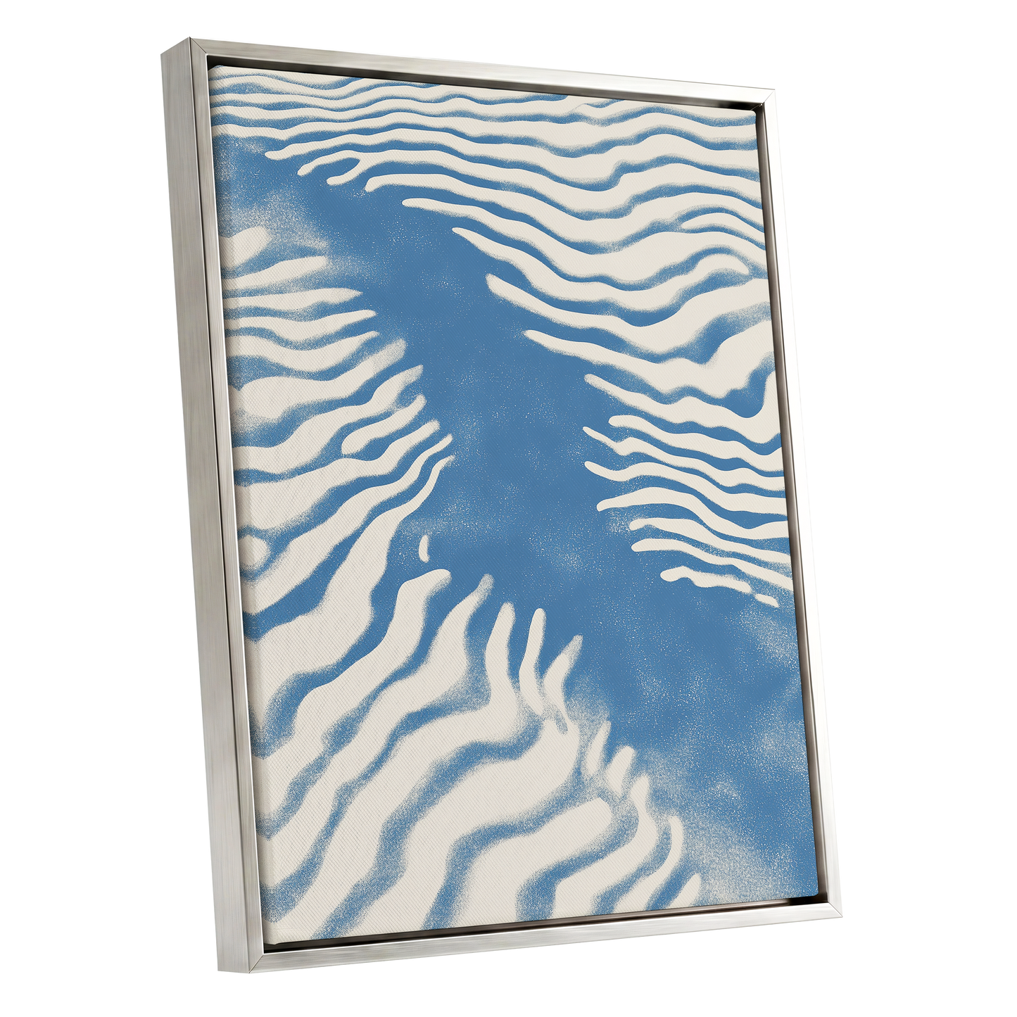 Tidal Drift, blue, beige, white nature wall art shown as a silver framed canvas wall art