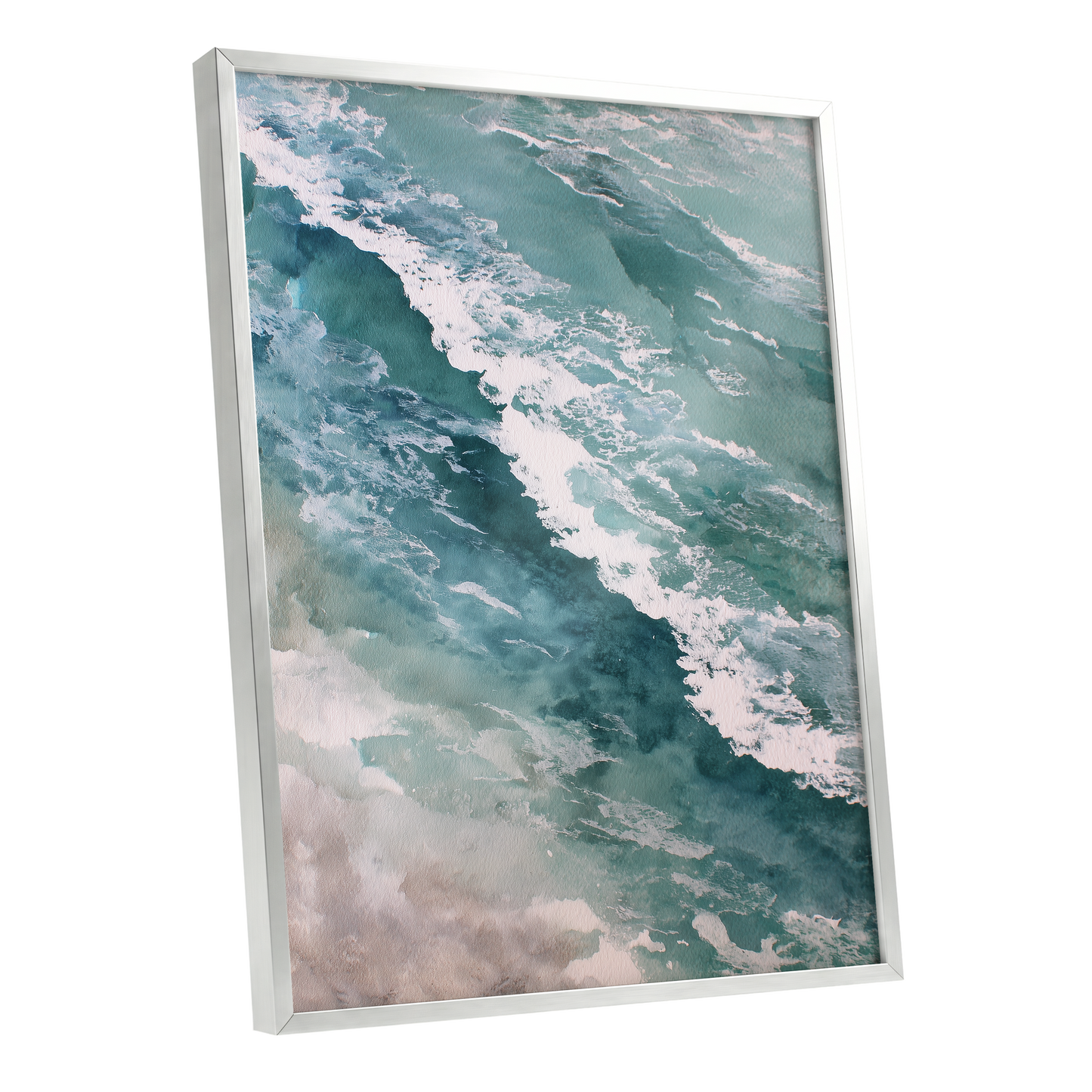 Tidal Drift, blue, green, white nature wall art shown as a silver framed poster wall art print