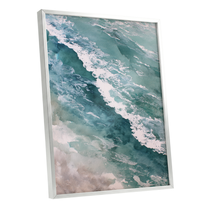 Tidal Drift, blue, green, white nature wall art shown as a silver framed poster wall art print