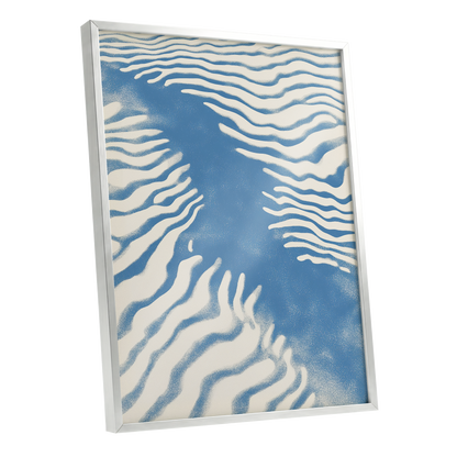 Tidal Drift, blue, beige, white nature wall art shown as a silver framed poster wall art print