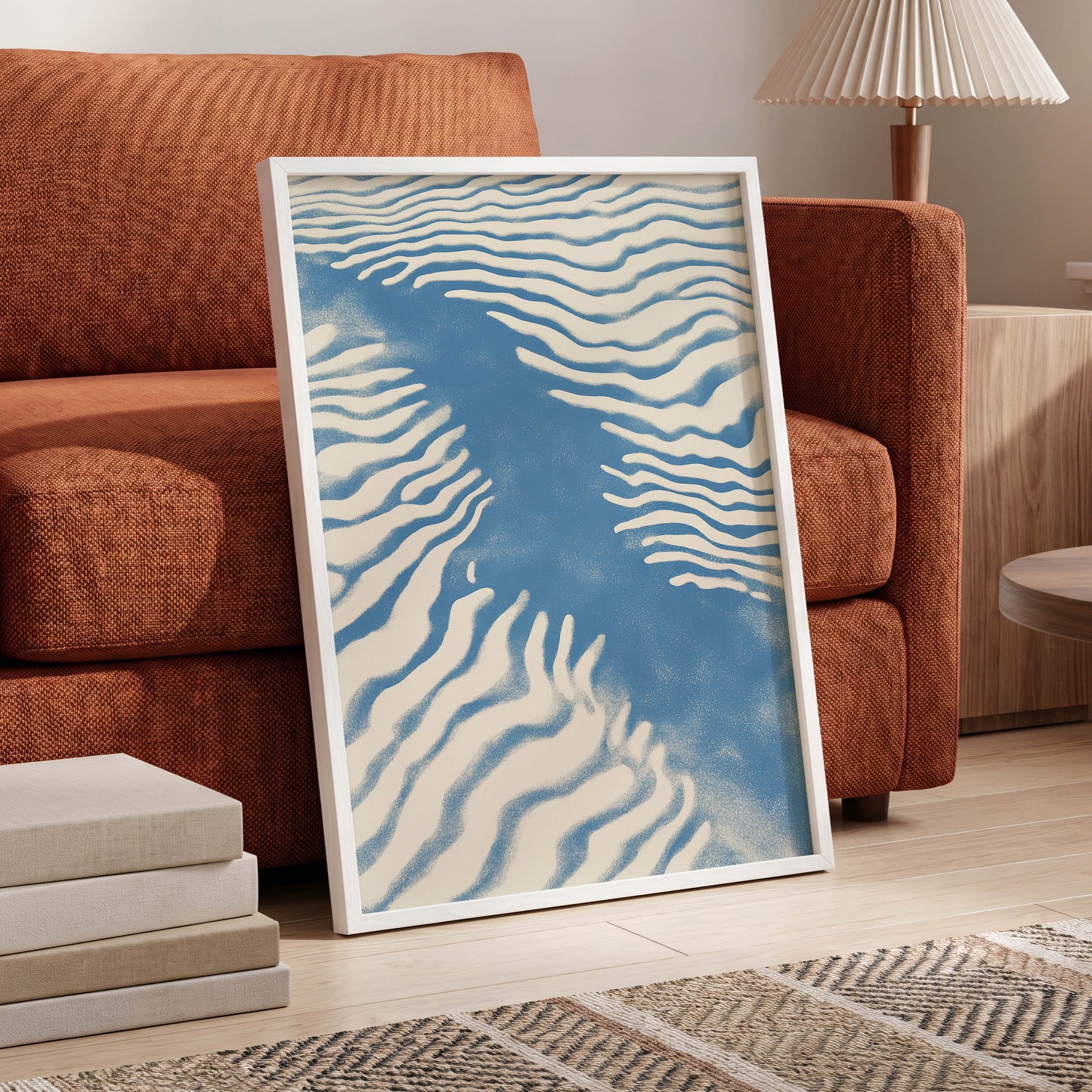 Tidal Drift, blue, beige, white nature wall art displayed in a styled interior, gallery view 2