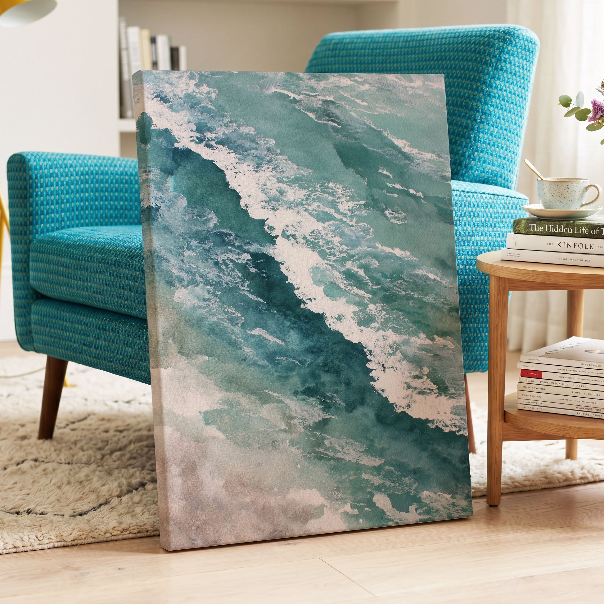 Tidal Drift, blue, green, white nature wall art displayed in a styled interior, gallery view 3