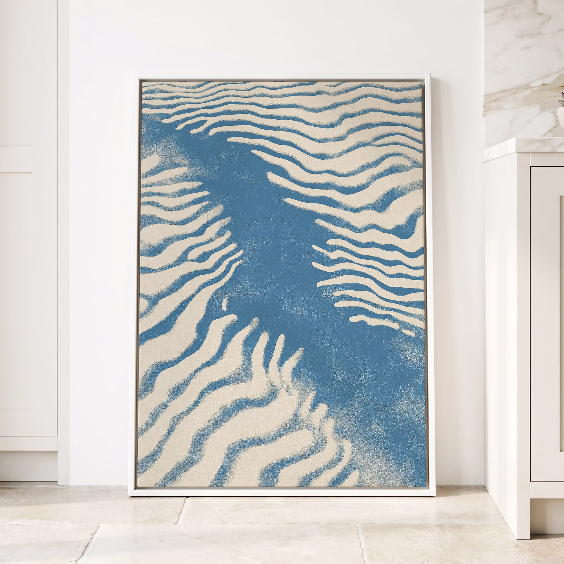Tidal Drift, blue, beige, white nature wall art displayed in a styled interior, gallery view 4