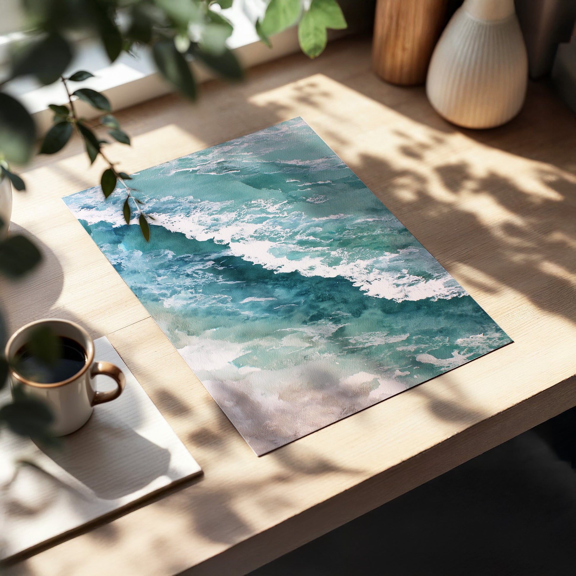 Tidal Drift, blue, green, white nature wall art displayed in a styled interior, gallery view 5